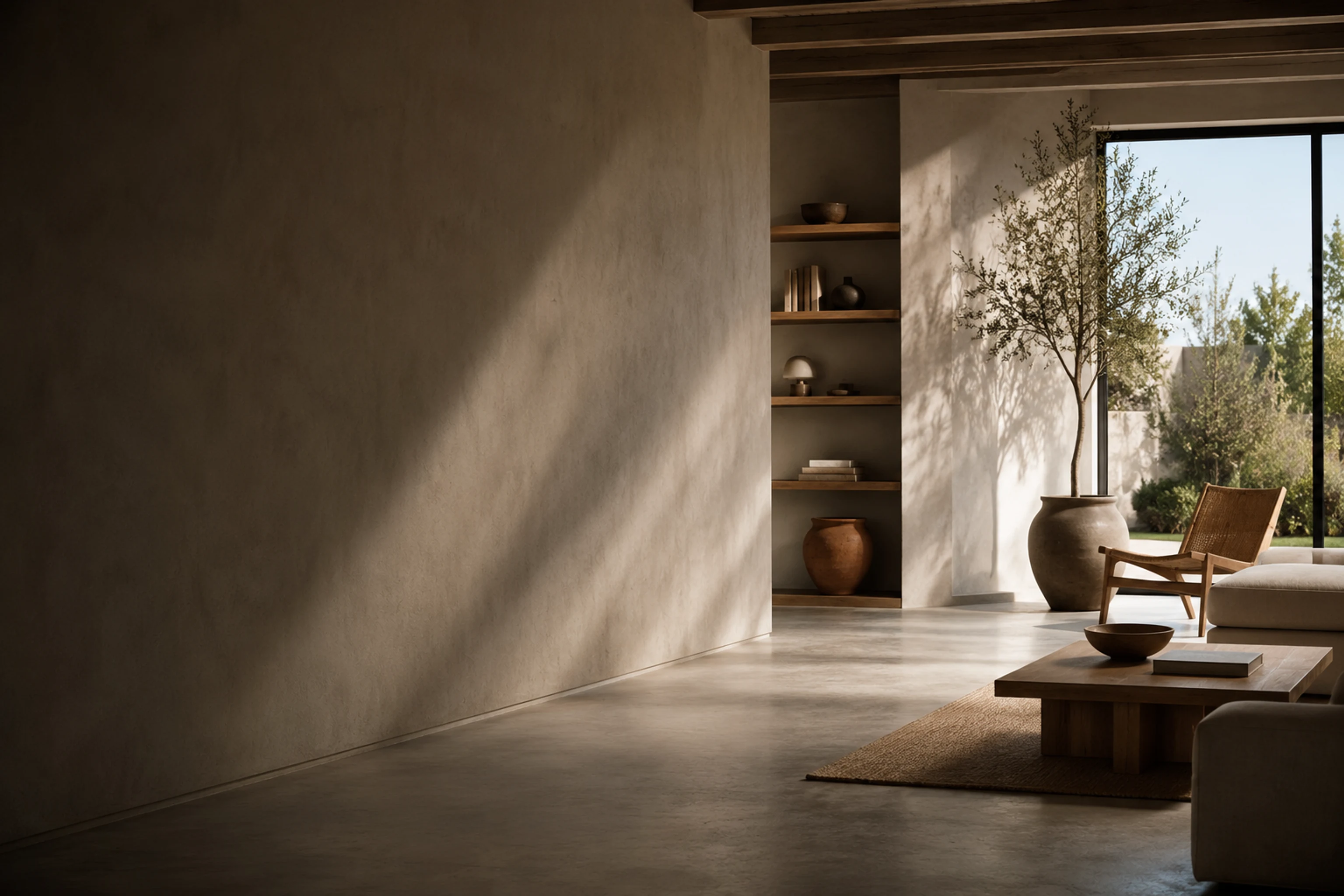 Interior contemporáneo con paredes de cal natural y suelo de microcemento